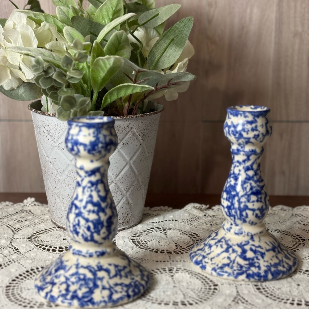 Staffordshire Chelsea Works Burslem Artisan Blue Cream Ceramic Candle Holders